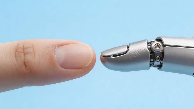 人类手指与机械手指即将接触的特写画面图片