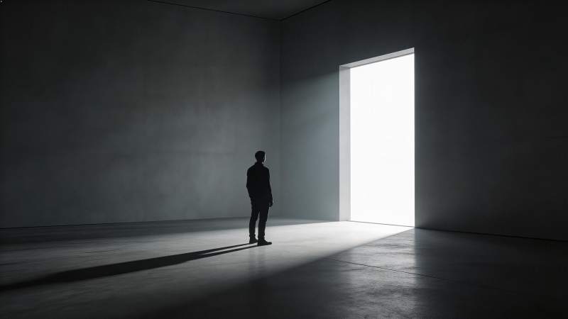 室内剪影人物面对强光门口站立图片