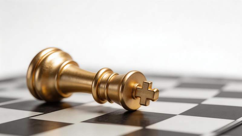 金色国际象棋王棋子倒卧在棋盘上图片