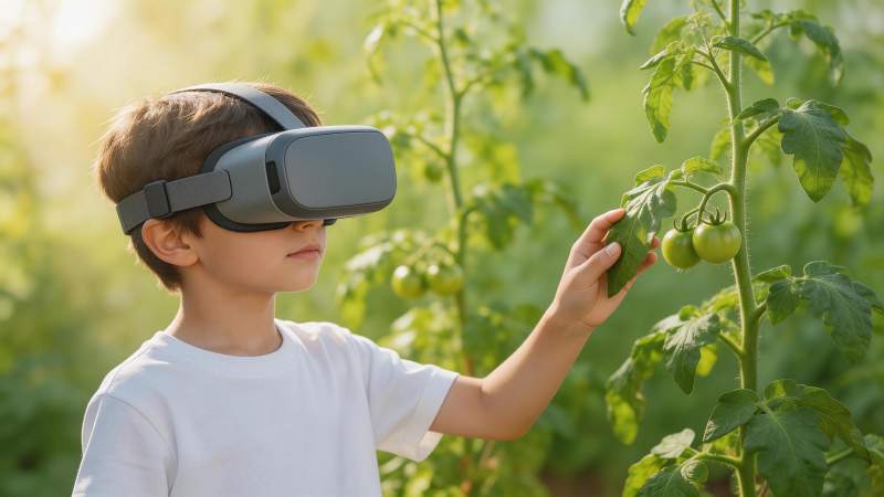 戴VR眼镜的男孩观察番茄植株生长图片