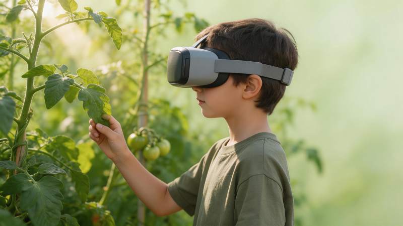 戴VR设备的男孩在植物园观察番茄植株图片