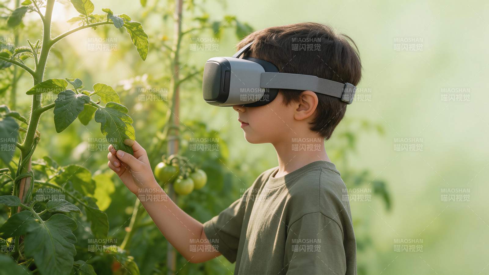 戴VR设备的男孩在植物园观察番茄植株图片