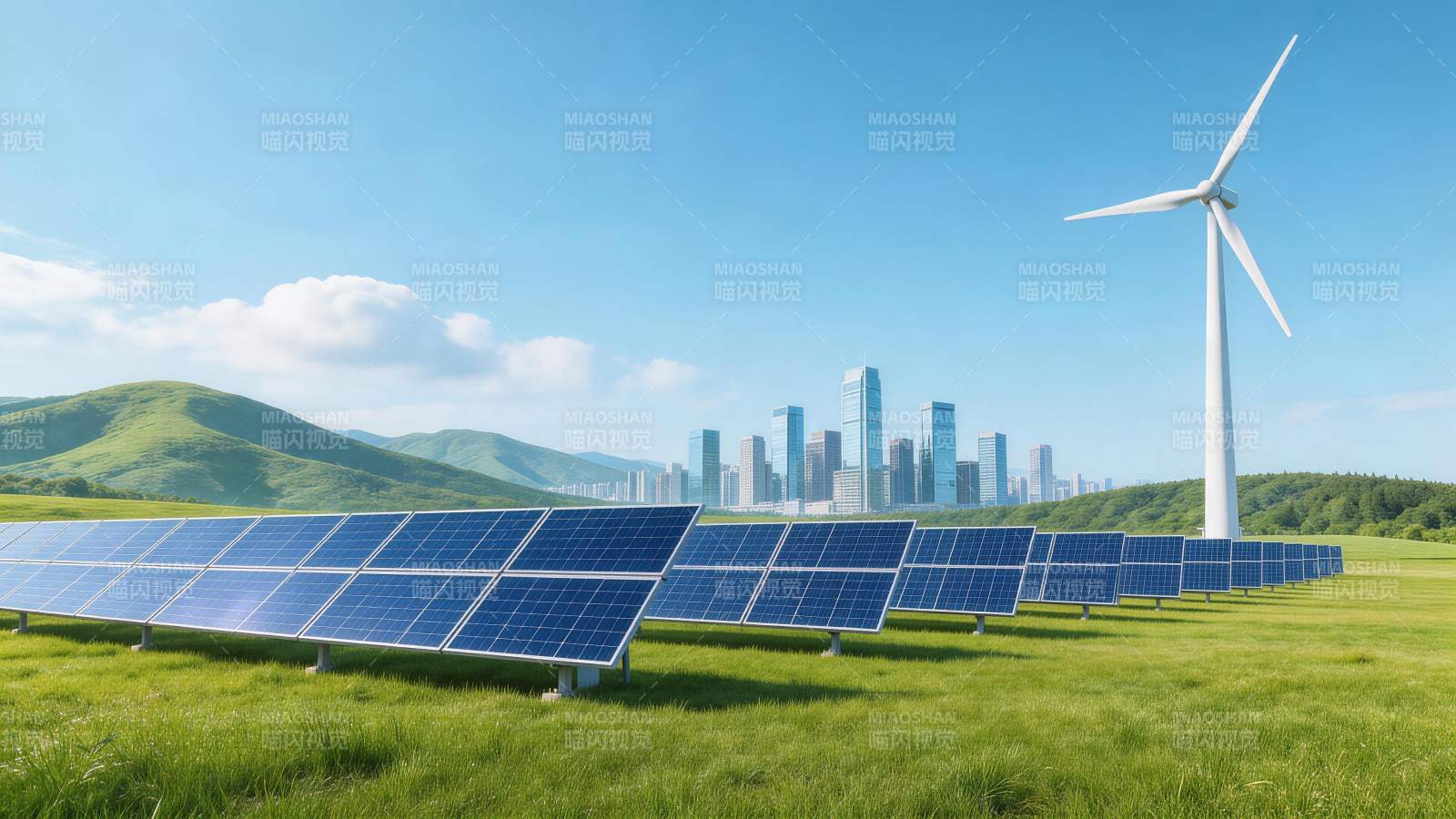 草原上太阳能板阵列与风力发电机并存图片