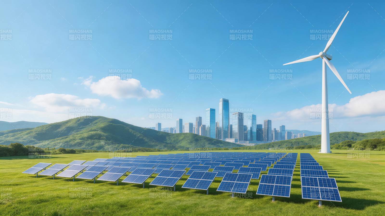 绿色草地上排列整齐的太阳能板与风力发电机图片