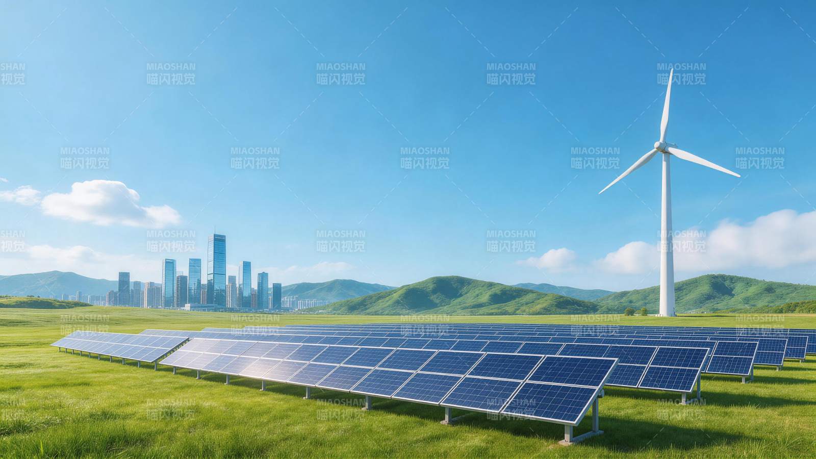 草原上太阳能板阵列与风力发电机并存景观图片