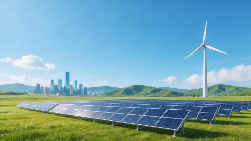 草原上太阳能板阵列与风力发电机并存景观图片