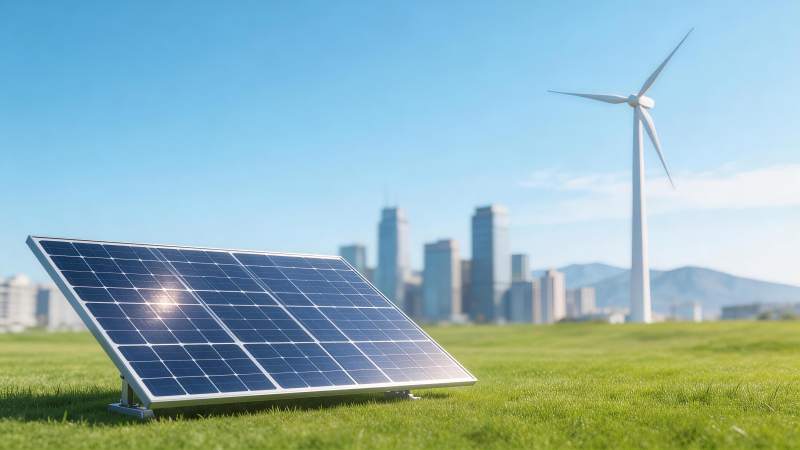 草地上的太阳能板与远处风力发电机图片