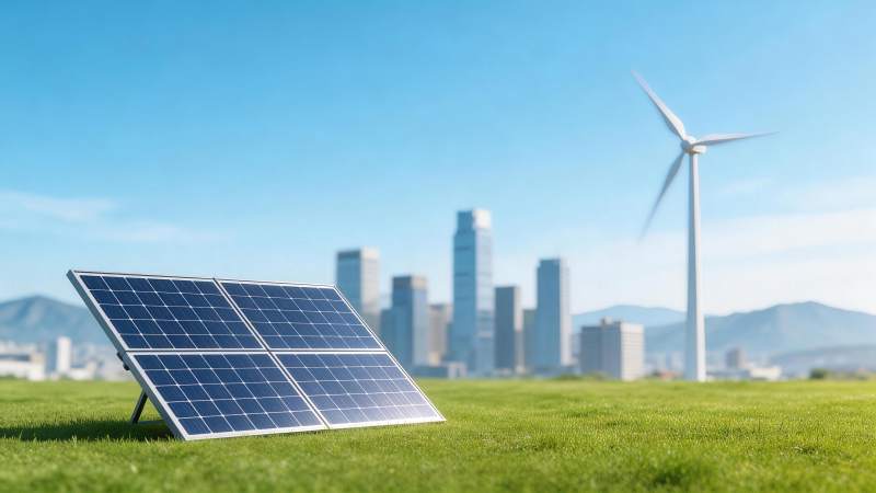 草地上的太阳能板与远处风力发电机城市背景图片