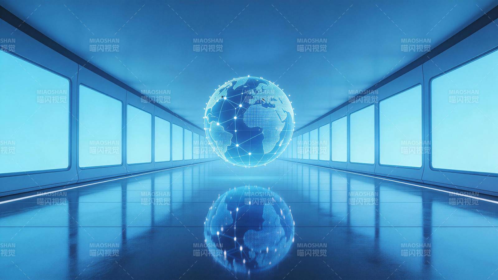 蓝色科技走廊中悬浮的网格地球模型图片