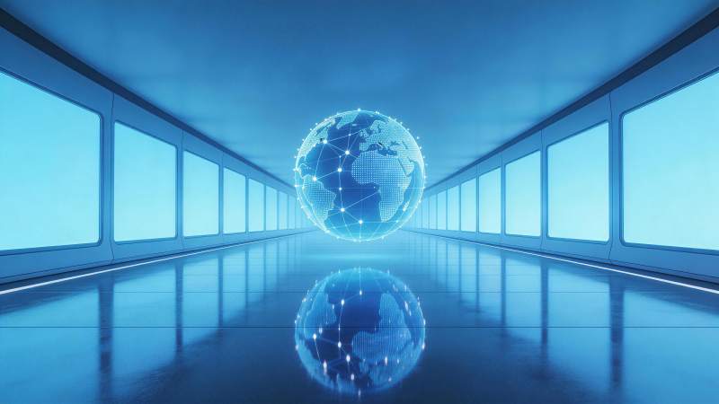 蓝色科技走廊中悬浮的网格地球模型图片