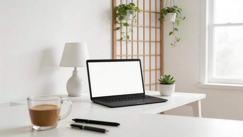 白色书桌上摆放笔记本电脑与绿植咖啡杯图片