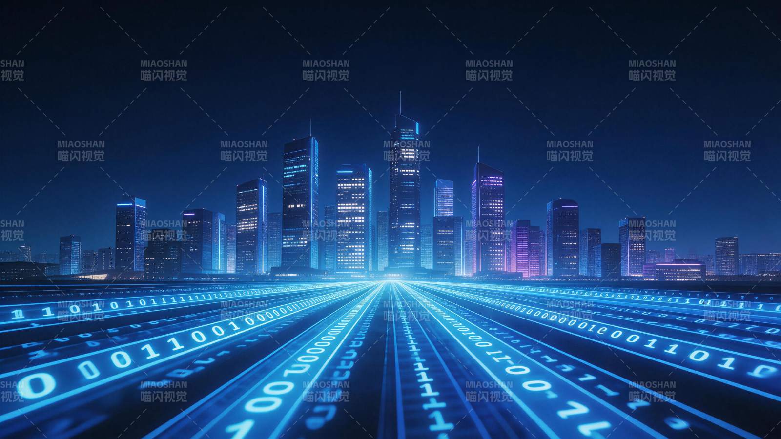 蓝色数字光轨通向未来城市天际线夜景图片