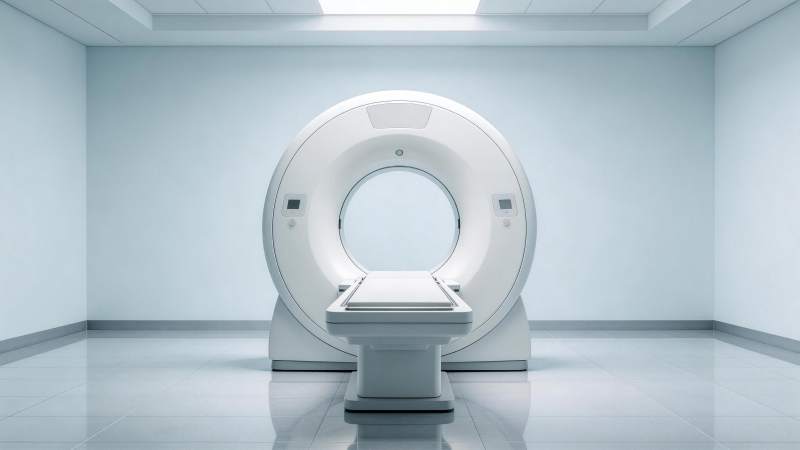 白色CT扫描仪置于洁净医疗室内图片