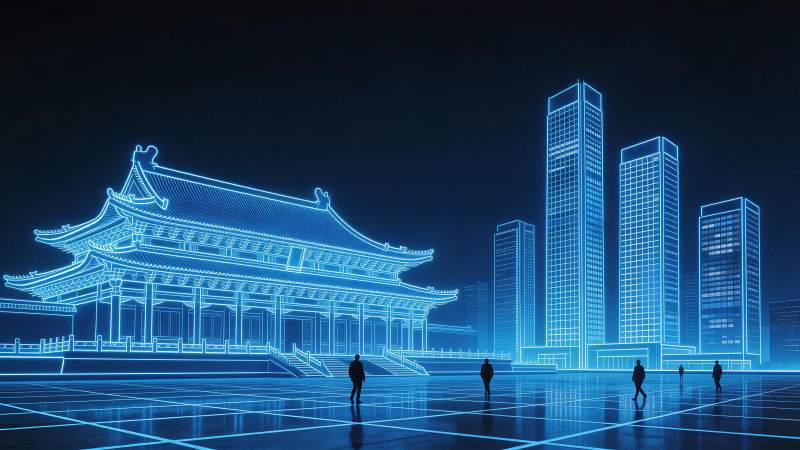 蓝色霓虹线条勾勒的传统建筑与现代高楼夜景图片