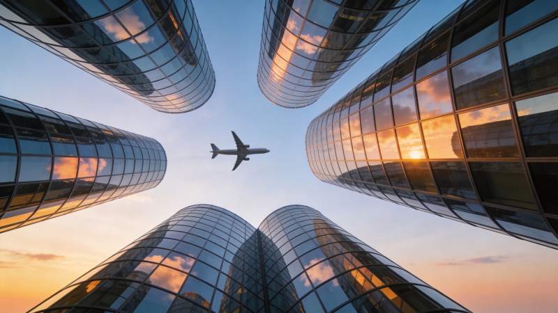 玻璃幕墙高楼间飞行的客机仰拍视角图片