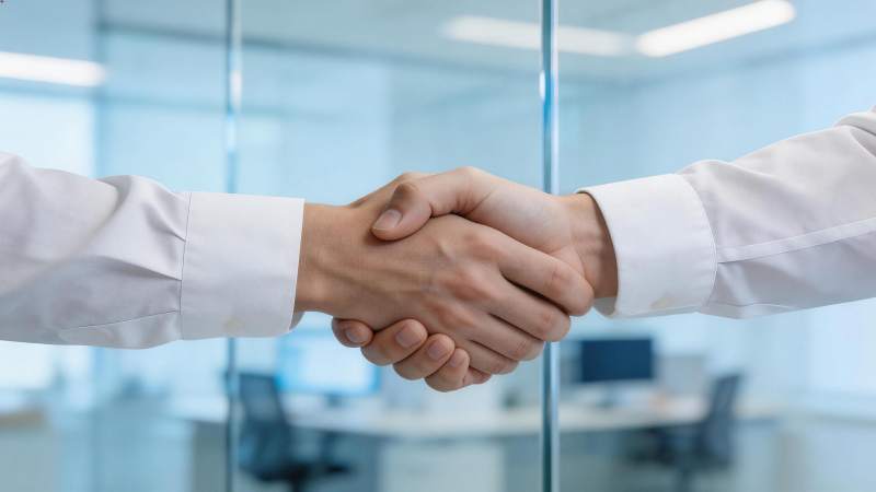 办公室内两人握手达成合作意向场景图片