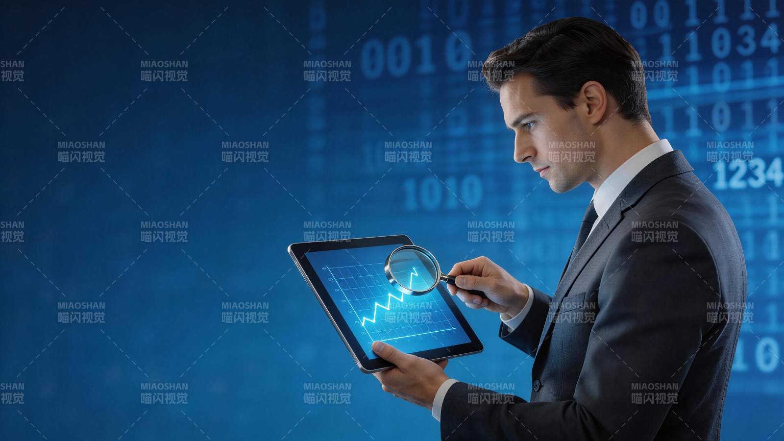 商务人士用放大镜分析平板上的数据图表图片