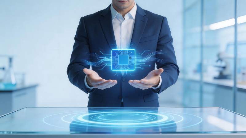 商务人士双手托举发光芯片全息投影图片