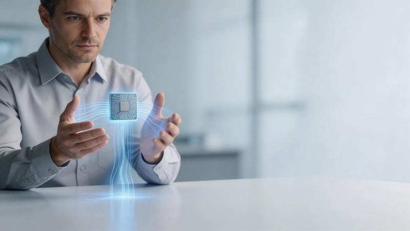 男子双手托举发光芯片全息投影图像图片