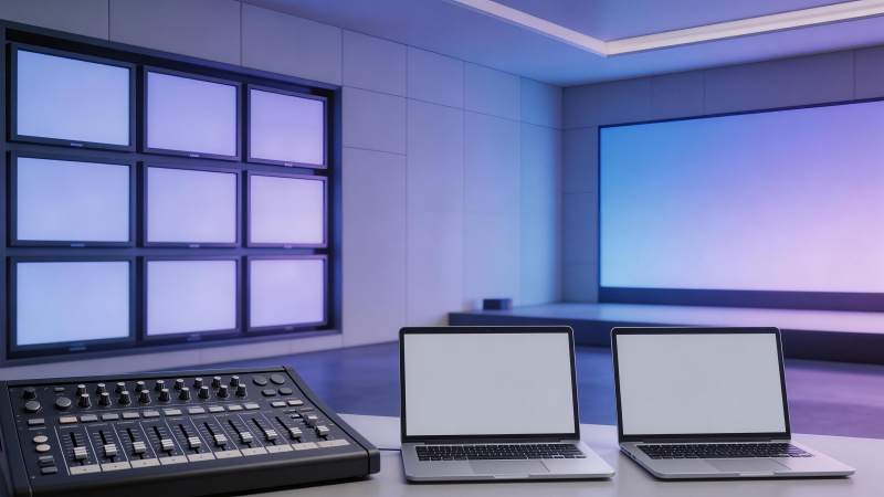 现代化控制室中音频调音台与双笔记本电脑配图片