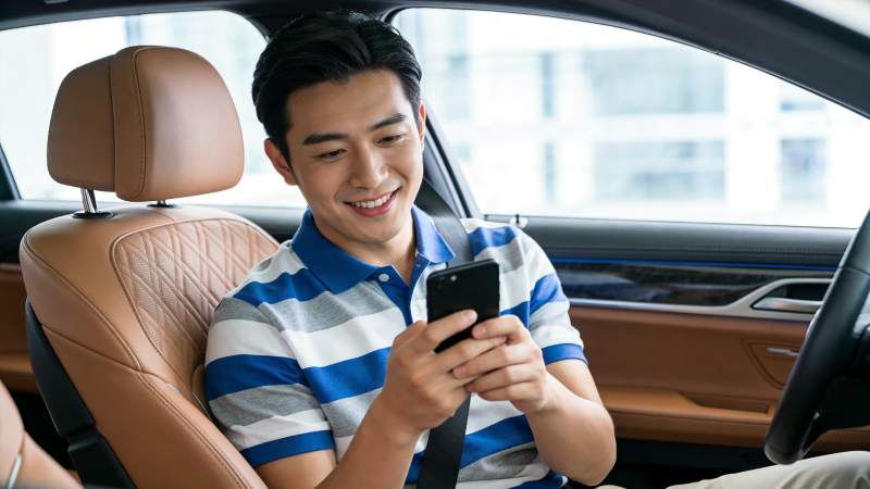 男子坐在车内使用智能手机微笑图片