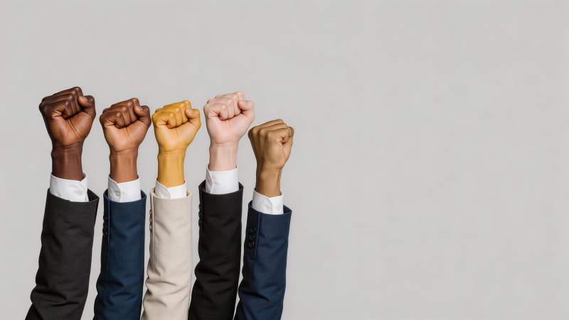 五只不同肤色手臂举起紧握拳头图片