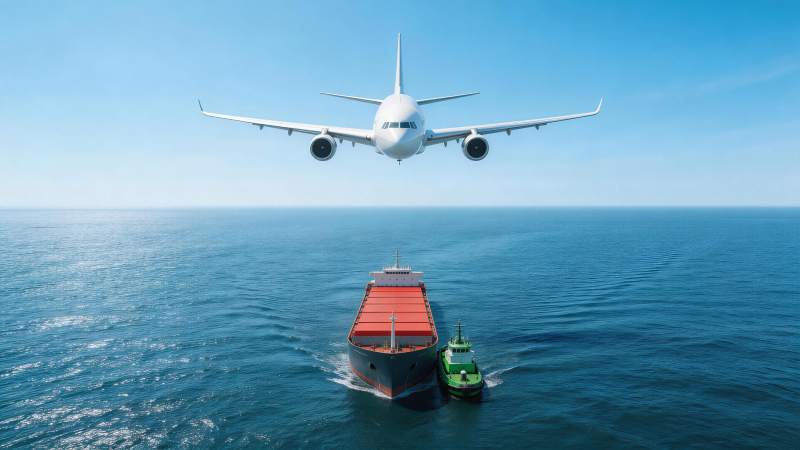 飞机飞越货轮与拖船航行海面场景图片