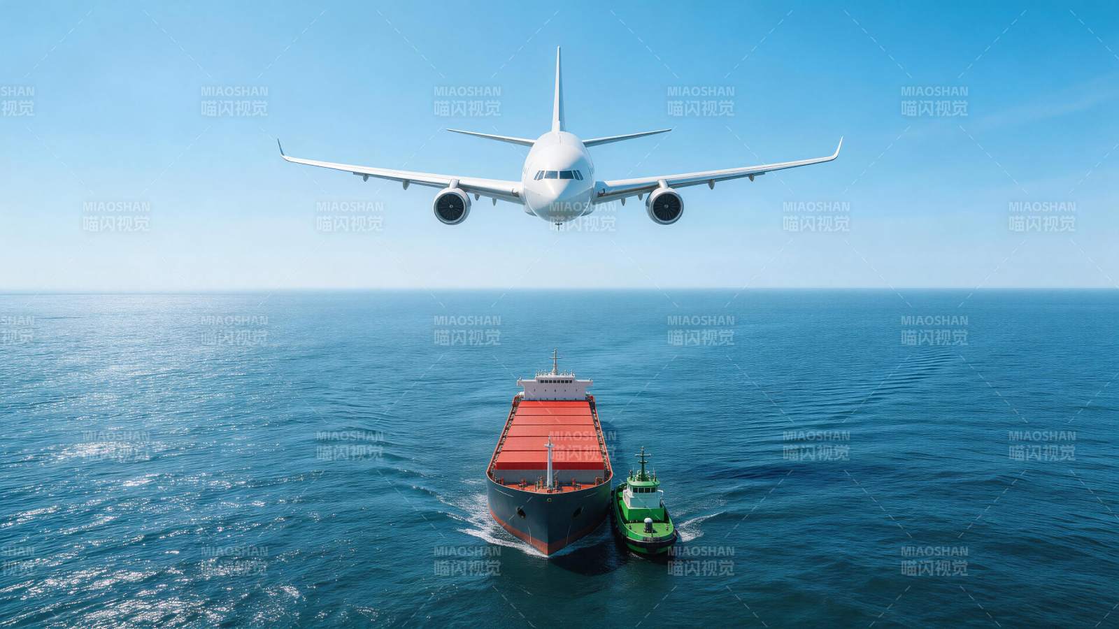 飞机飞越货轮与拖船航行海面场景图片