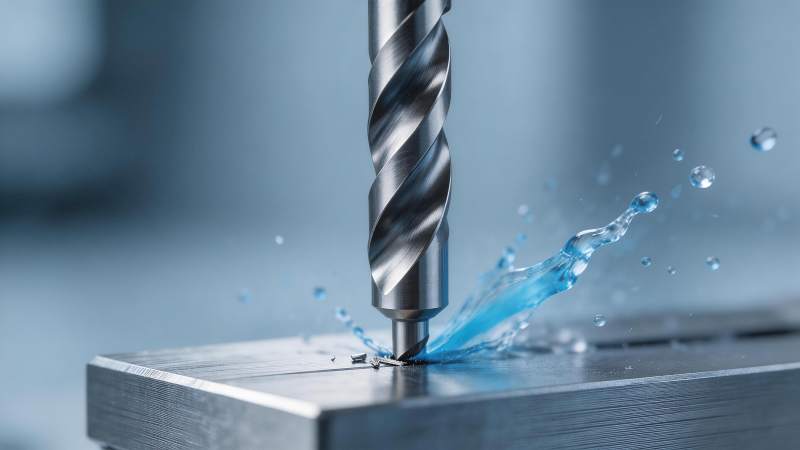 金属钻头钻削工件产生冷却液飞溅特写图片