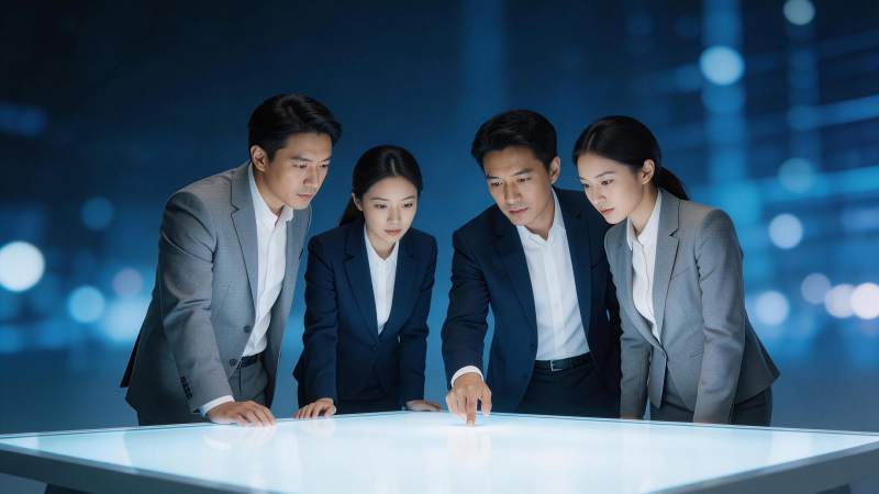 四位职场人士围看互动触摸屏进行工作讨论图片