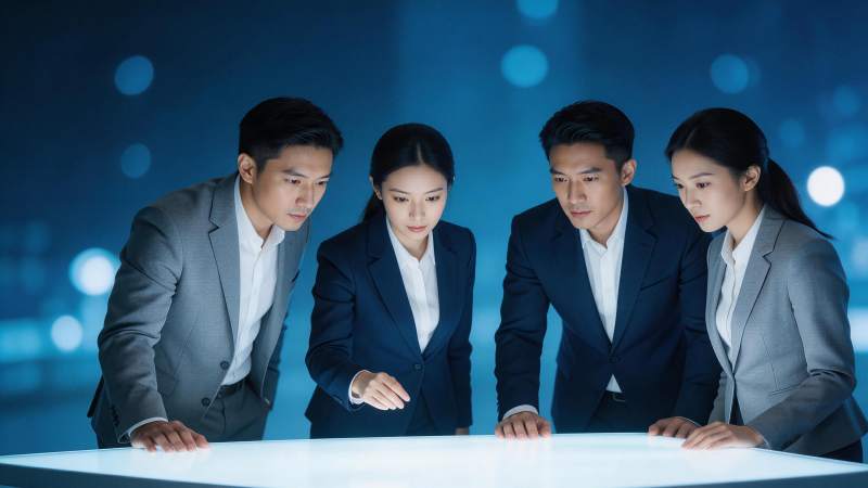 四位职场人士围看发光交互桌面进行协作图片