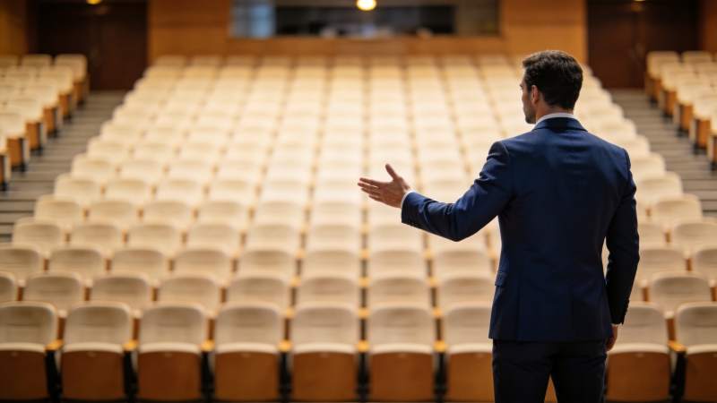 男士背对镜头在空旷礼堂中演讲手势示意图片