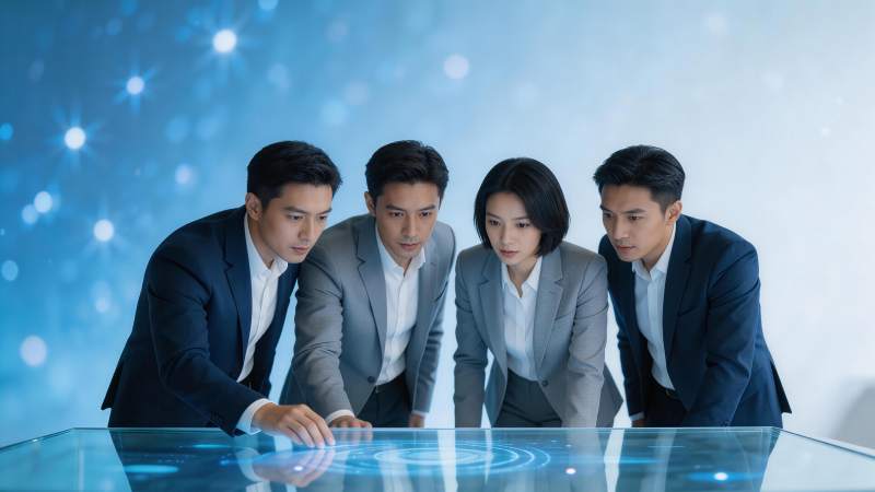 四位商务人士围看互动式透明触控桌图片
