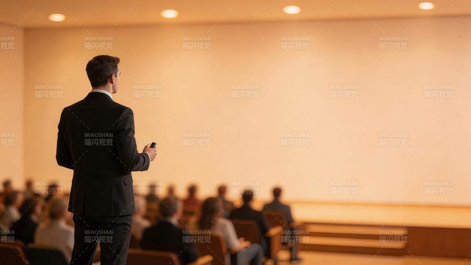 西装男子背对观众手持遥控器演讲图片