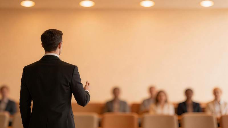男士背对镜头在讲台前向听众演讲图片