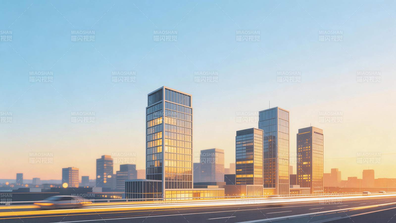 城市高楼林立黄昏车流穿梭景象图片