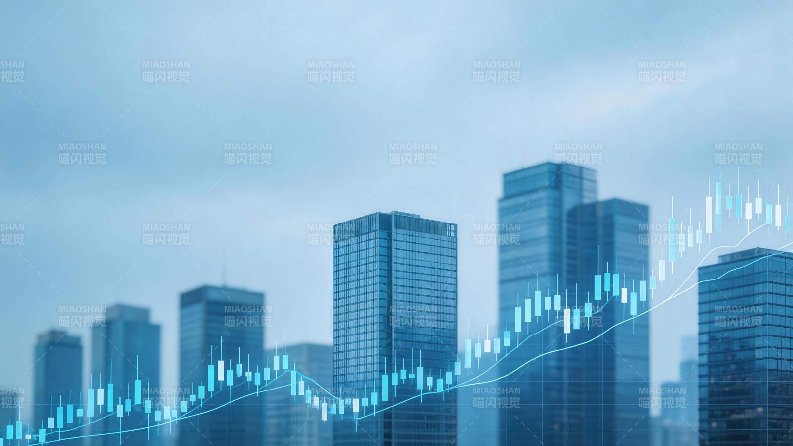 城市高楼背景下的金融K线走势图表图片