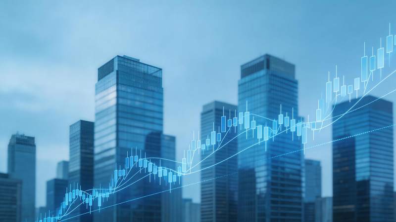 城市高楼背景叠加金融K线走势图表图片