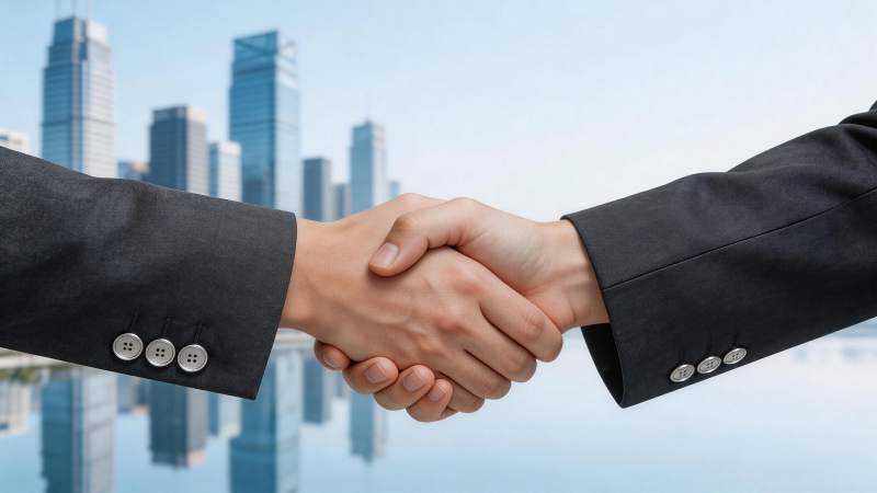 两位商务人士在城市背景前握手合作图片