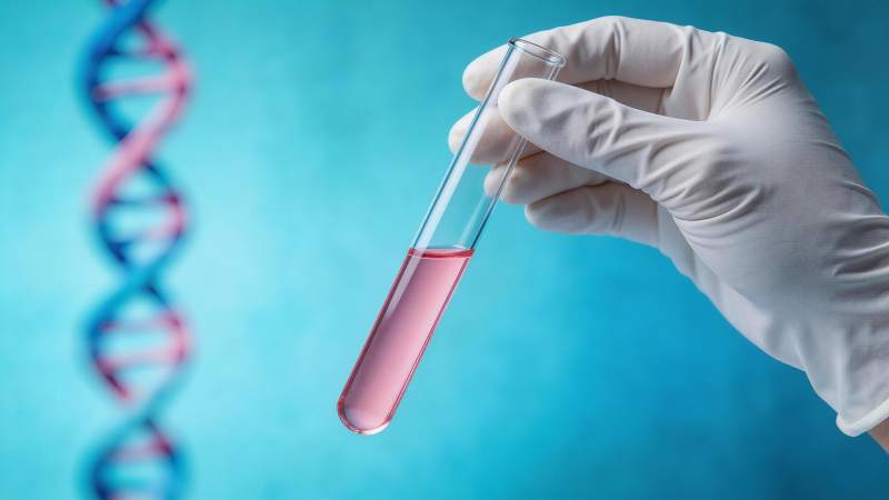 戴手套手持装有粉色液体的试管与DNA双螺图片