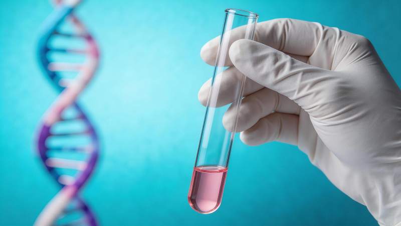 戴手套手持试管与DNA双螺旋背景图片