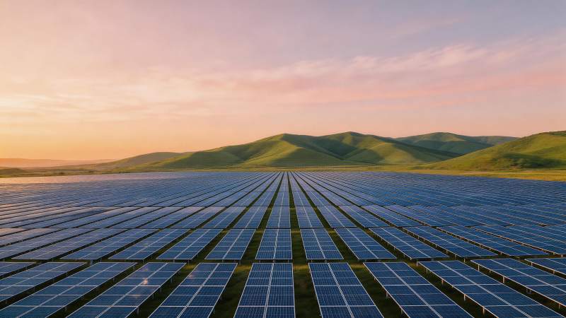 夕阳下连绵山丘前的太阳能光伏阵列图片