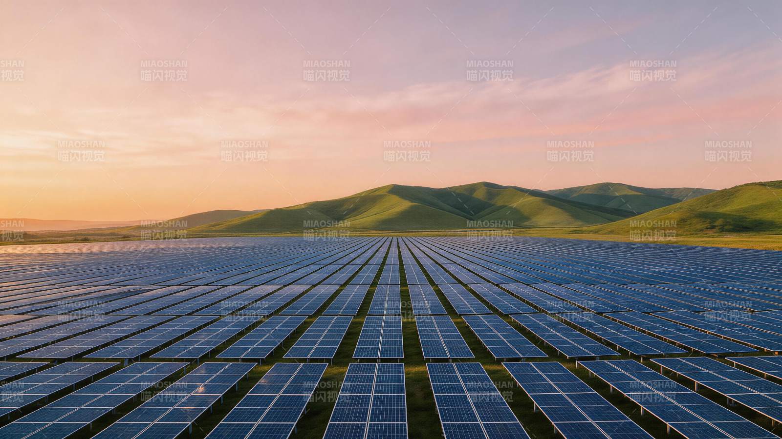 夕阳下连绵山丘前的太阳能光伏阵列图片