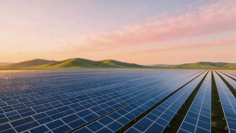 草原上整齐排列的太阳能光伏板阵列图片