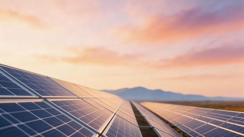 夕阳下成排光伏面板与远山构成清洁能源景观图片