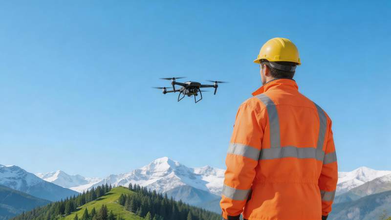 穿橙色工装戴黄安全帽人员操控无人机巡检山图片