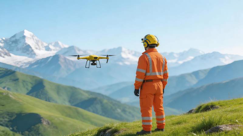 穿橙色工装人员操控黄色无人机山间作业图片