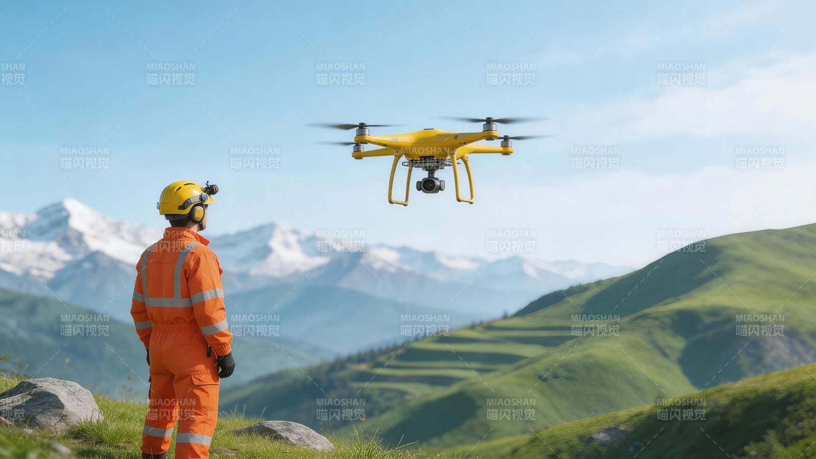 穿橙色工装人员操控黄色无人机巡检山地图片