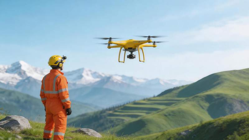 穿橙色工装人员操控黄色无人机巡检山地图片
