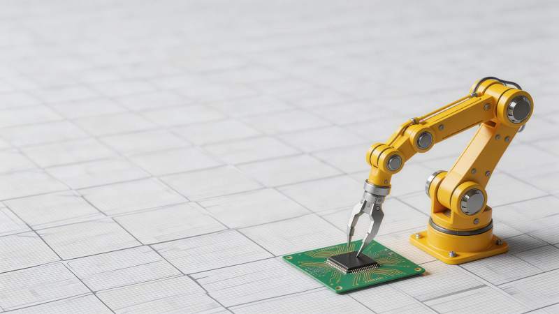 黄色机械臂精准安装芯片于电路板上图片